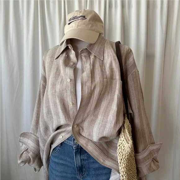 JoS. A. BANK Traveler’s Cellection brown striped 100% linen button-down shirt. - Picture 1 of 8